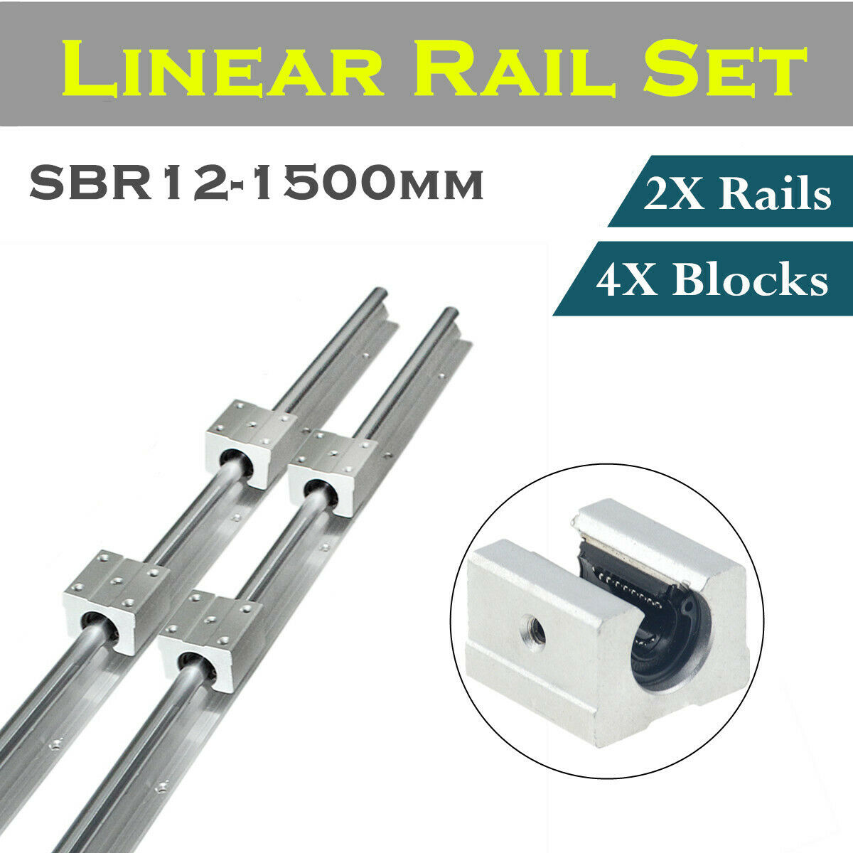 2x Sbr12 300-1500mm Linear Rail Shaft Rod Guideway + 4pcs Sbr12uu Block For Cnc