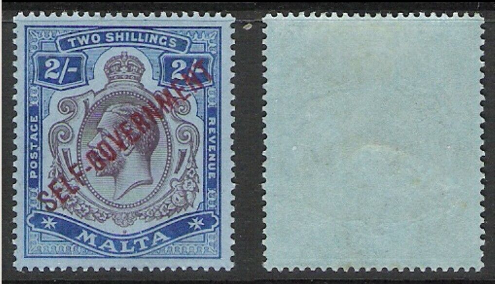 Malta 1922 2/- Bluish Purple/blue Self Government Ovpt 'crown Ca' (hm) Sg 111